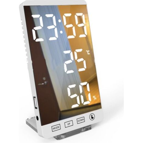 Horloge à miroir LED thermomètre et hygromètre horloge météo électronique réveil (1/5)