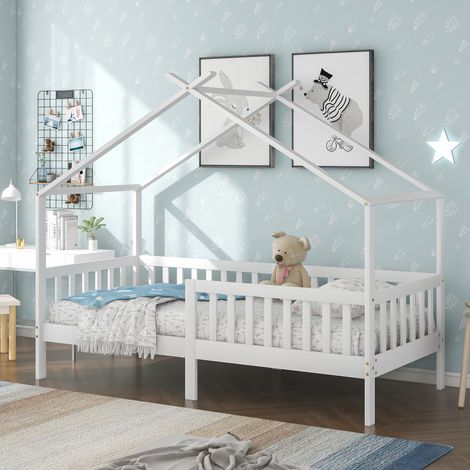 Kinderbett Massivholz Weiß 90x200 cm, Hausbett mit Sicherheitszaun und Lattenrost