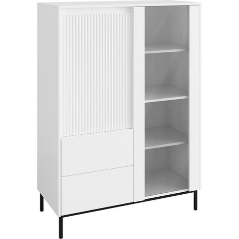 Estantería Comfivo Delruva, Blanco, Con puertas, Cerrable, Con cajones, MDF, Aglomerado laminado, Vidrio templado, Número de puertas: 0, Número de cajones: 0, 146x104x50cm