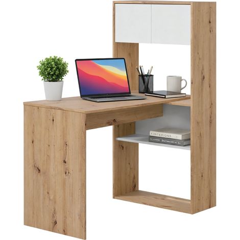 Scrivania Riverside, Scrittoio multifunzione reversibile ad angolo con libreria, Tavolo da studio o ufficio multiposizione, 108x70h140 cm, Bianco e Rovere nodi