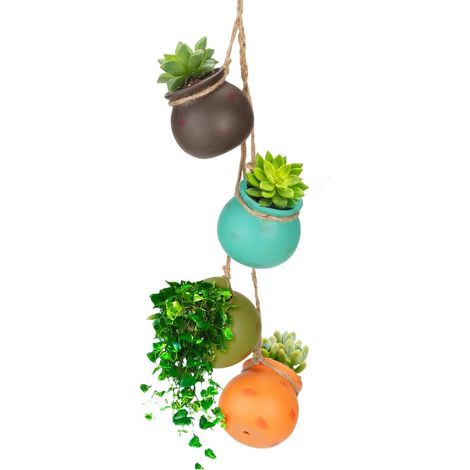 4 x Mini Hanging Planters, Ceramic Hanging Planter Vase, Multi-Coloured Succulent Planters with Jute Rope, Macrame Flower Pot Decoration for Balcony, Garden (1/5)