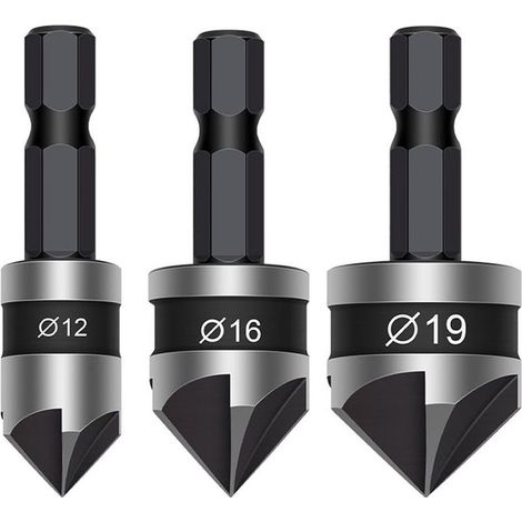 3 forets à tête fraisée, diamètre 19 mm, tige hexagonale, acier rapide HSS, chanfrein 90°, pour bois (1/5)