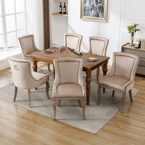 Lot de 6 Chaises de salon luxueuse rembourrée avec garniture cloutée, pieds en bois massif, revêtement en velours, beige (1/5)