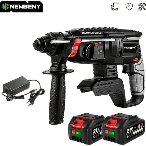 Perceuse à Percussion Électrique 26mm – Rotative 180° avec Mandrin Métallique. 4 Vitesses pour Béton et Acier. Compatible Batteries (2 - Noires)