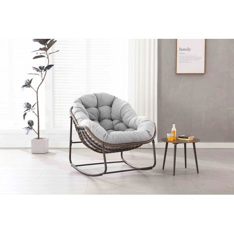 Fauteuil à bascule en rotin extérieur avec coussin épais, Gris clair – Pour terrasse, balcon, salon et jardin