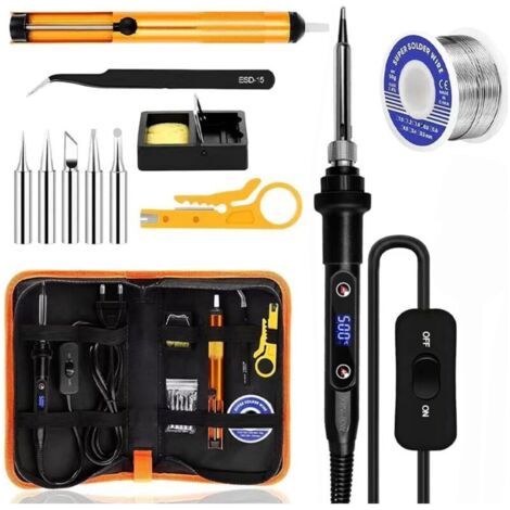 Fer à Souder Set,80W Température Réglable 180-500°C Electronique de Precision avec Interrupteur ON/OFF, 5 Conseils de soudage,Barre de Soudure pour la Maintenance Electrique (Noir) (1/4)