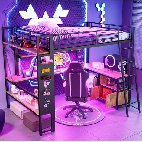 Lit mezzanine moderne 140x200 cm métal noir avec bureau, LED, étagères, panneau perforé et USB