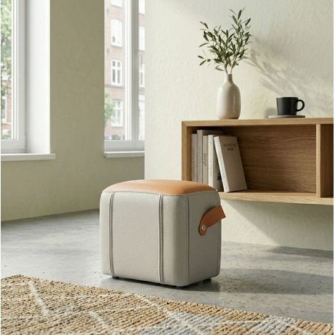 Ottoman, asiento acolchado con asa de PU, tapizado en PU, gris y naranja (1/5)