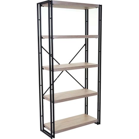 [NON UTILIZZATO] Libreria scaffale industriale 3D MDF HHG-080 5 ripiani 80x165cm legno metallo rovere chiaro