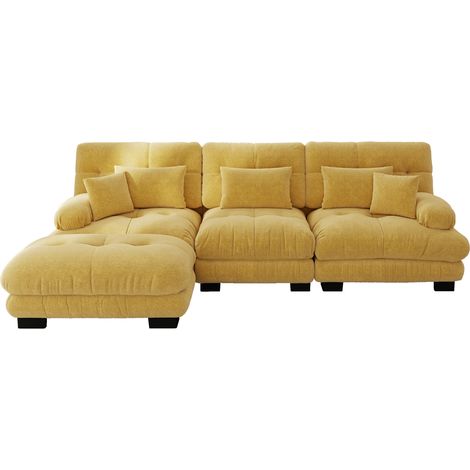 Sofá esquinero modular grande en chenilla amarilla con otomana HOMVRA (1/5)