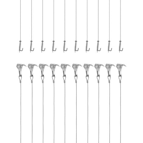 Kit Accrochage de Cadre Photo et Miroir, Fil Suspension en Acier Inoxydable Φ1.5mm x 2m avec Crochet Réglable et Crochets de Rail, 10 Pcs