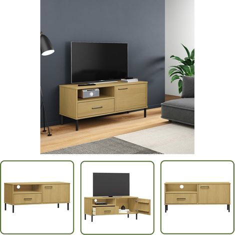 The Living Store Meuble TV avec pieds en métal Marron Bois de pin massif OSLO - Meuble Tv - Meuble Televison - Rangement Tv - Support Tv - Unité Tv (1/5)