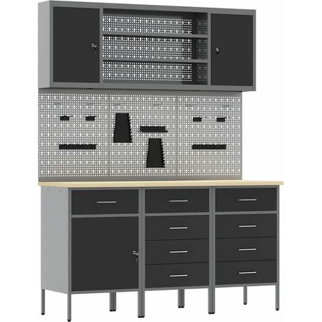 Work Cabinet 7 pcs Black and Grey Engineered Wood and Steel vidaXL