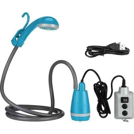 (Bleu) Douche de camping portable, pompe de douche rechargeable, équipement de camping et de randonnée. (1/4)