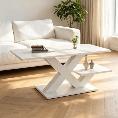 Table basse rectangulaire blanche double plateau 100×48×45 cm, MDF fini brillant, pieds géométriques en X, table de salon charge max 10 kg (1/5)