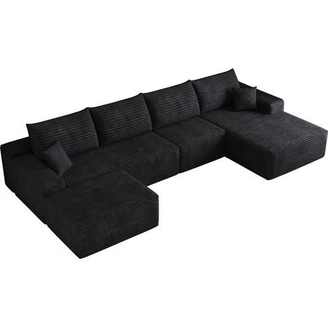 Sofá modular en L de 340 cm con chaise longue, terciopelo acanalado negro, sin montaje (1/5)