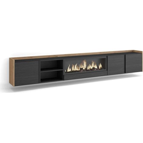 Mueble TV Viñuela-01 de 315x50x35 cm con chimenea eléctrica XXL, suspendido, color negro y roble (1/4)