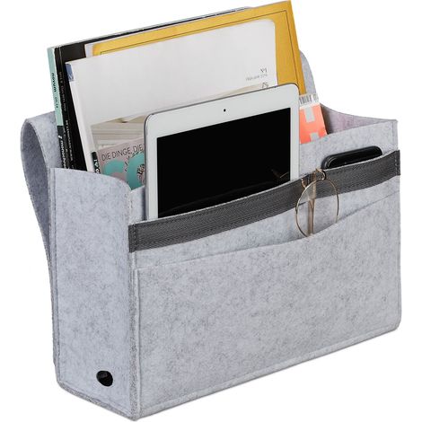 Relaxdays Betttasche, zum Einhängen, 6 Fächer, 4 Klettverschlüsse, Filz, Bett Organizer HBT 27x31,5x11,5 cm, hellgrau