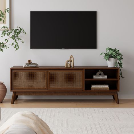 Meuble TV 150x40x50 cm pour téléviseur jusqu’à 65 pouces, avec portes coulissantes en rotin, niches ouvertes, pieds en bois massif, noyer foncé (1/5)