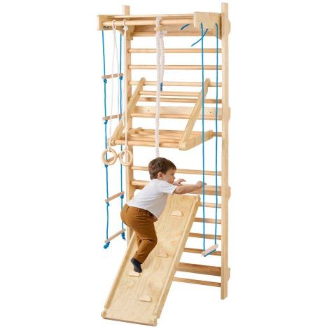 Espalier en Bois Massif, Échelle Suédoise Murale 15 Niveaux, Charge 99,8 kg, avec Toboggan, Barre de Traction, Anneaux de Gymnastique, Siège Balançoire et Échelle Latérale et Corde, Aire de Jeux (1/3)