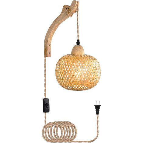 Applique Murale Intérieur En Bois Rétro Lanterne En Bambou, Lampe Murale Créative E27 Avec Prise Et Interrupteur (Avec Ampoule) (1/5)