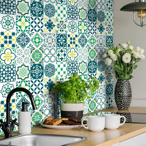 Sticker Mural Carrelage adhésif Cuisine Salle de Bain - 24 STICKERS CARREAUX DE CIMENT AZULEJOS CATINA - 24stickers10x10cm (1/5)