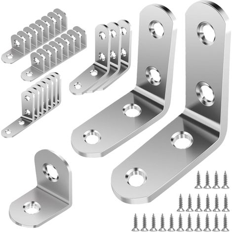 Lot de 28 équerres d'angle en acier inoxydable en forme de L pour bois avec vis (15 x 20/25/30 mm) pour meubles et étagères (1/5)