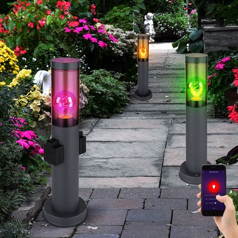 Stehleuchte mit Steckdose anthrazit Sockelleuchte Edelstahl Steckdosensäule mit Licht, rauch, App Steuerung, 1x Smart RGB LED 10W 806Lm, DxH 7,6x45 cm, 3er Set