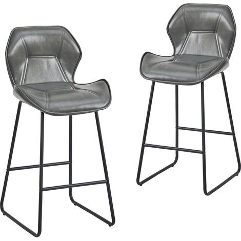 2 tabourets de bar en similicuir gris, design moderne avec dossier, piètement métal et repose-pieds, pour cuisine, comptoir, bar domestique, salle à manger