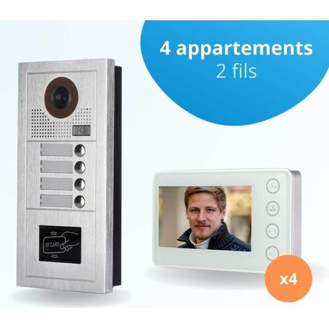 Portier interphone vidéo MODERN 2 Fils - 4 appartements - 4 écrans blancs - avec lecteur de badge
