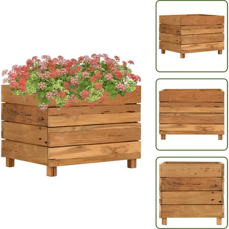 The Living Store Letto Rialzato 50x40x38 cm Legno di Teak di Recupero e Acciaio - Fioriera in legno