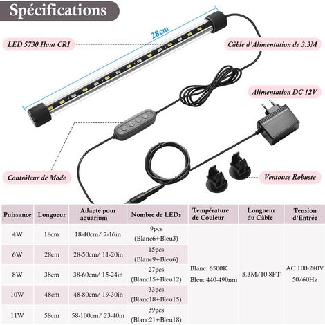 Lampe LED Aquarium Éclairage Submersible Étanche IP68 avec Contrôleur Minuterie et Luminosité Réglable Rampe Éclairage pour Aquariums Plantes et Poissons