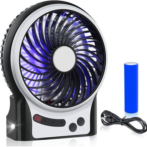 1 Ventilateur de bureau, 3 vitesses, batterie 1800 mAh, lumière LED, USB portable, pour maison, voyage, camping (1/5)