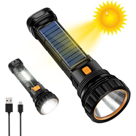 royaluxe - Lampe torche solaire LED, lampe torche solaire rechargeable par USB, lampe torche avec batterie et batterie externe, lampe torche étanche avec 3 modes (1/5)