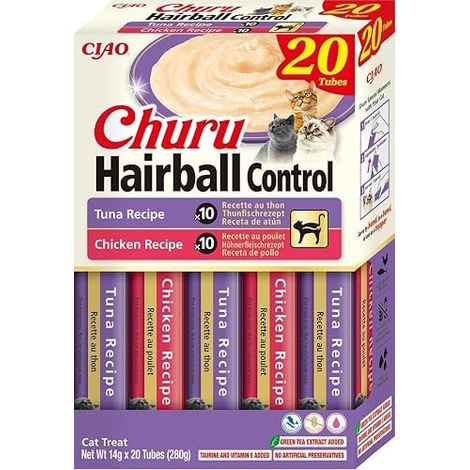 INABA CHURU SNACK POUR CHATS CONTRE LES BOULES DE POILS - SAVEURS THON ET POULET, 20 STICKS X 14G - NOURRITURE POUR CHAT AVEC TA