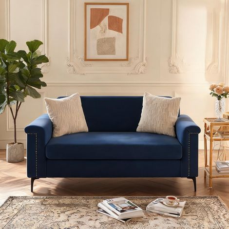 Sofa d'angle 2 places bleu 172 cm tissu en lin et bois (1/5)