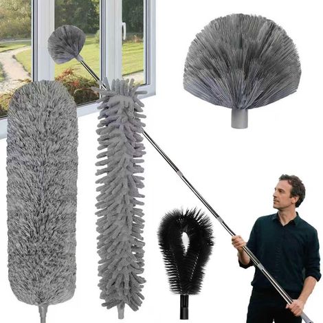 4 Kit Plumeau, Manche télescopique 1,5-4,9m, Tête microfibre, Brosse gouttière, Nettoyage toit (1/5)