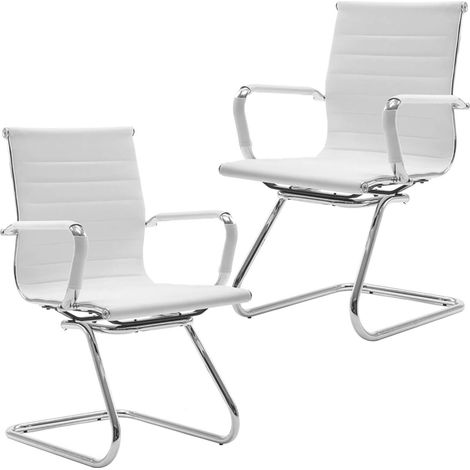 Wahson Chaise de Bureau en Similicuir avec Accoudoirs Chromés, Lot de 2 Chaise de Réception en Base Métal Chaise de Conférence Ergonomique, Blanc (1/5)