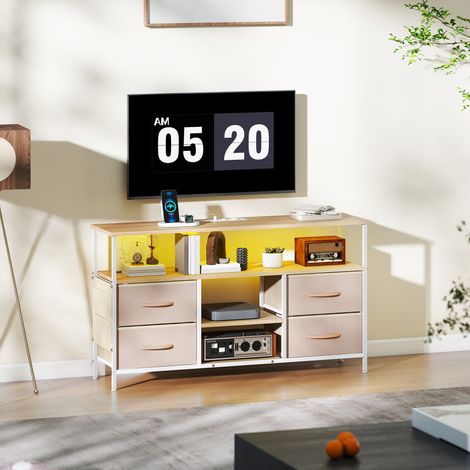 Meuble TV 120x30x67,5 cm Beige blanc avec lumière LED et prises Ports USB Étagères ouvertes 4 tiroirs pliants et