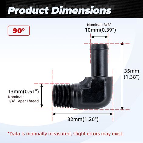 Aluminum 45°/90° hose barbed push-in oil/gas pipe reducer adapter - 1/4-3/8-90° (1/4)