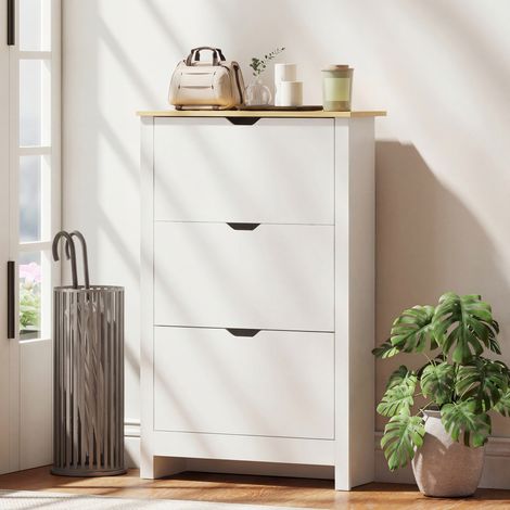 Meuble à chaussures à 3 portes battantes, 2 compartiments, panneaux de particules, plateau en chêne blanc (1/5)