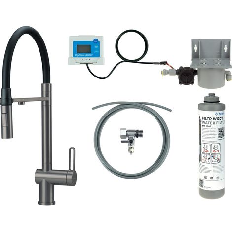 Miscelatore cucina in acciaio con kit filtro acqua e bocca elastica finitura titanio - Vora