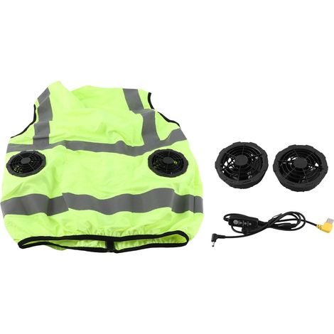 Gilet de Refroidissement avec 2 Ventilateurs Amovibles, Vêtements de Travail à Rayures Réfléchissantes en Polyester alimenté par USB 5 V pour le Jardinage, la Randonnée (Vert Fluo) (1/5)
