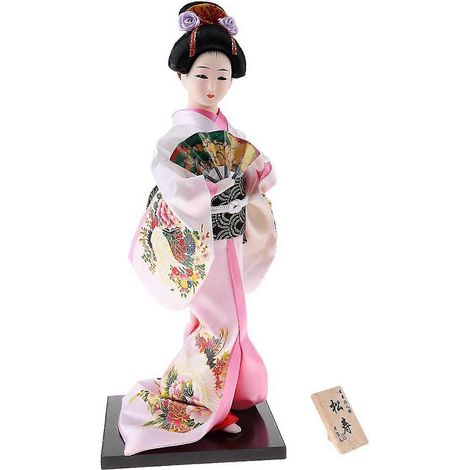 Figurine de poupée japonaise de 30 cm avec éventail décoratif, cadeau d'art artisanal, objet de collection en tissu rose. (1/5)
