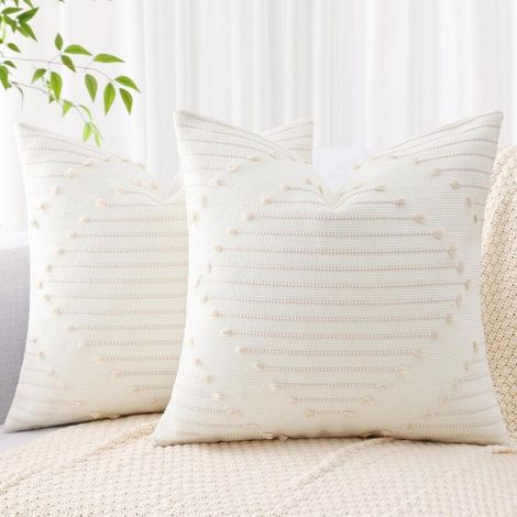 Lot de 2 housses de coussin d'extérieur style bohème 45 x 45 cm, décoratives pour canapé, salon, beige et blanc crème (1/5)