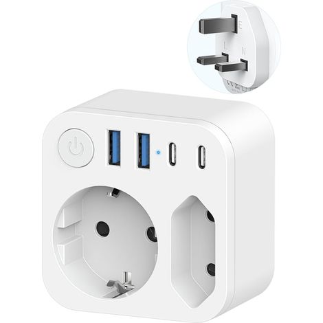 Connecteur de Voyage France vers Le Royaume-Uni avec 4 Prises USB (2 USB-C), Adaptateur de Voyage à Double Sortie, Connecteur Schuko vers Type G pour,l'Irlande,Malte,Blanc (1/5)