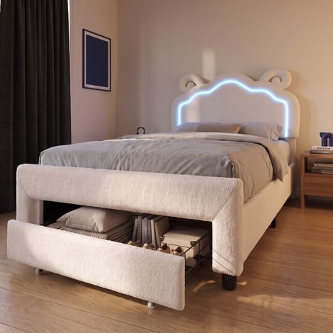 Lit enfant 90x200 cm avec LED et 1 tiroir, Lit simple capitonné en tissu bouclette, design mouton, Beige (1/5)