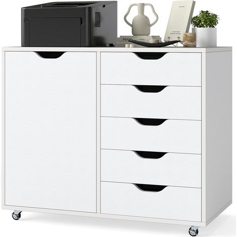 COSTWAY Mobiletto con 5 Cassetti e Anta, Cassettiera per Documenti con 5 Ruote e Ripiano Regolabile, per Soggiorno, Ufficio e Cucina, 79 x 40 x 65 cm (Bianco) (1/5)
