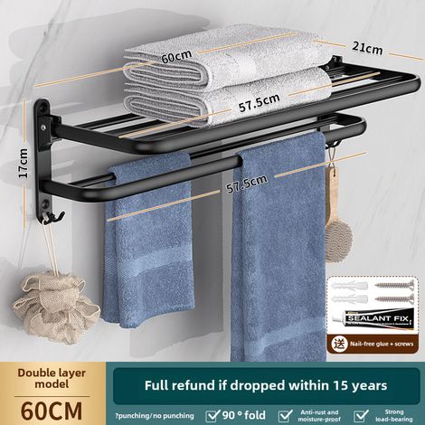 Toallero plegable de pared, 60 cm, aluminio resistente, adhesivo, doble nivel, para baño y autocaravana. (1/5)