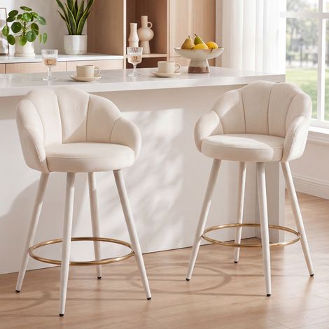 Wahson 2er Set Barstuhl Samt, muschelform mit Lehne Modern Tresenhocker Gepolstert Barstuhl mit Metallbeine Fußstütze für Küche Hausbar Esszimmer, Beige (1/5)